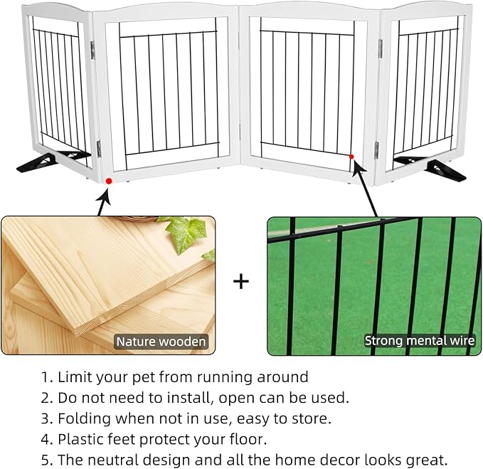 ZJSF Freestanding Dog Fence Indoor, Foldable Dog Gate for Doorways, Stairs or Hallways, Sturdy Wood Extra Wide Pet Gate with Support Feet for The House, White, 32 "Height-4 Panels