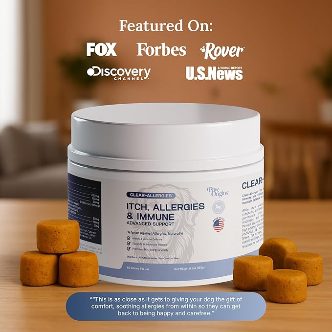 Paw Origins Dog Allergy Chews (60 Ct.) - Clear-Allergies Itch for Immune & Gut Support - Dog Allergy Relief Chews with 3 Billion CFU Probiotic Blend and Omega 3 for Seasonal Allergies - Beef Flavor