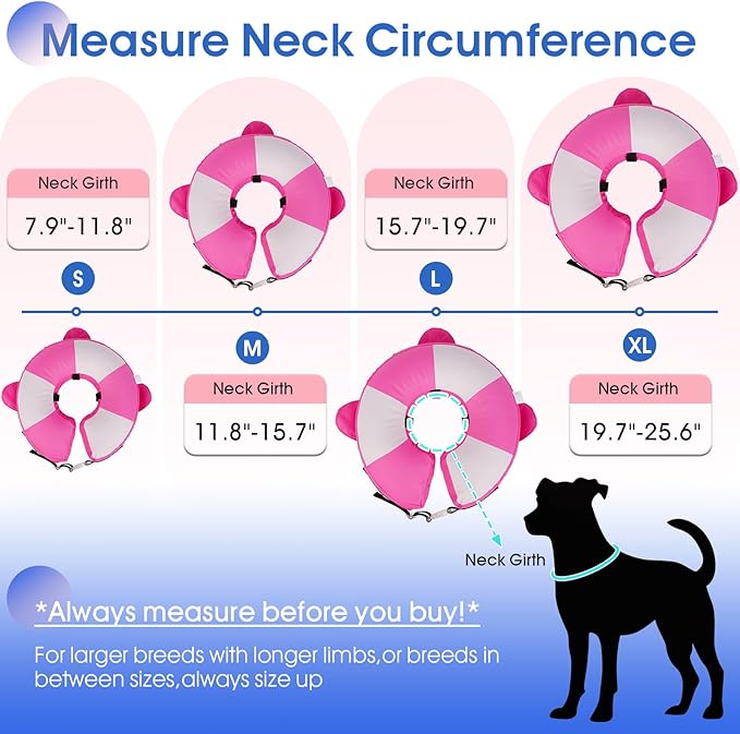 Inflatable Recovery Dog Collar -Lightweight Adjustable,Protective Donut Cone After Surgery for Wound Healing,Prevent from Biting or Scratching,Waterproof & Easy to Clean (Pink,L)