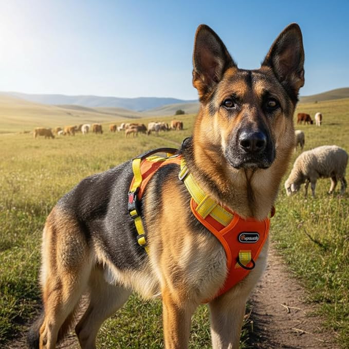 Tactical Dog Harness for Large Medium Dogs No Pull Adjustable Pet Vest with Reflective Straps Front & Back Clips Handle for Hiking Walking Hunting– 4 Sizes with or Without Leash (Orange, L)