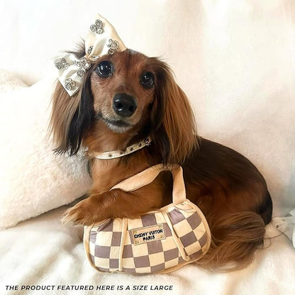 Haute Diggity Dog Chewy Vuiton Handbag Plush Squeaky Dog Toy, Soft Durable Designer-Inspired Stuffed Puppy Chew Toys for Small & Medium Dogs, Machine-Washable (Tan Checker) Large