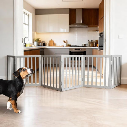 ZJSF Freestanding Indoor Dog Gate for House Foldable Wood Grey Puppy Gate for Doorways Pet Gate for Stairs Extra Wide Pet Fence 24" Height 6 Panels