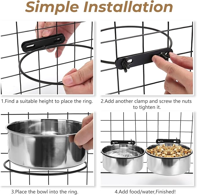 2 Pack Large Kennel Bowls Mountable,Dog Crate Water Bowl No Spill,Hanging Dog Bowl for Crate Cage,Stainless Steel Dogs Water Feeder Dish for Dogs Cats Bunny Ferret Bird,Silver
