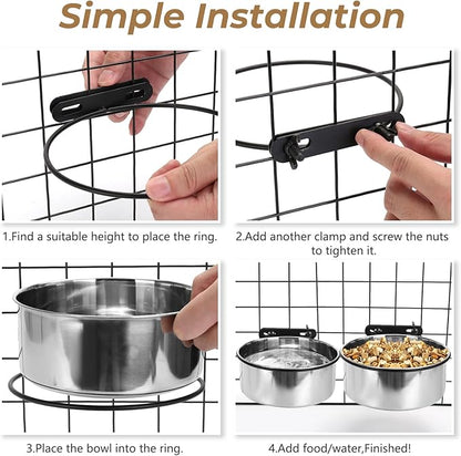 2 Pack Large Kennel Bowls Mountable,Dog Crate Water Bowl No Spill,Hanging Dog Bowl for Crate Cage,Stainless Steel Dogs Water Feeder Dish for Dogs Cats Bunny Ferret Bird,Silver