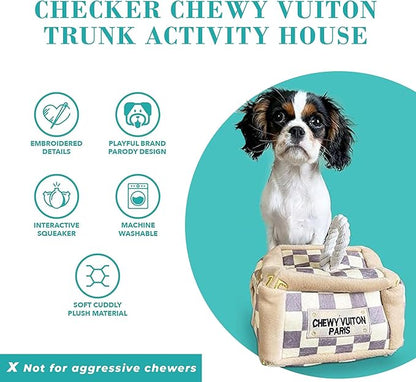 Haute Diggity Dog Chewy Vuiton Trunk Puzzle with 3 Plush Squeaky Dog Toys, Soft Durable Designer-Inspired Stuffed Puppy Chew Toys for Small & Medium Dogs, Machine-Washable (Tan Checker) One Size