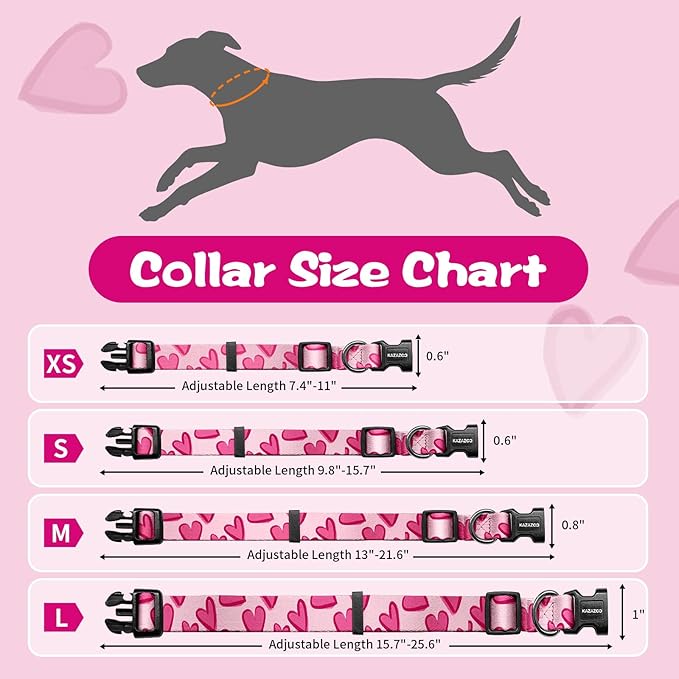 Kazazoo Dog Collar Cute and Soft Nylon Puppy Collar Girl, Adjustable Dog Collars for Small Medium Dogs, Hot Pink Heart-M