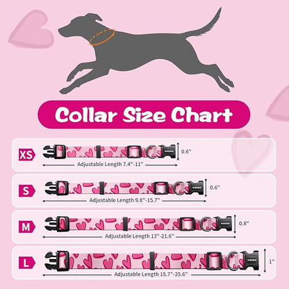 Kazazoo Dog Collar Cute and Soft Nylon Puppy Collar Girl, Adjustable Dog Collars for Small Medium Dogs, Hot Pink Heart-M