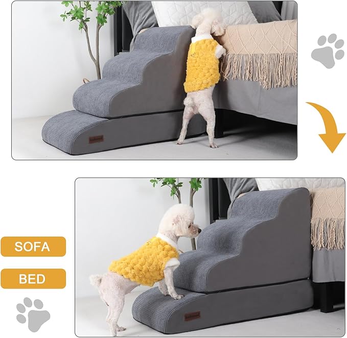 Aodisman 4-Step Dog Stairs and Ramp for Beds or Couches – Non-Slip Sturdy Pet Steps for Small Dogs and Cats,21" H,Grey