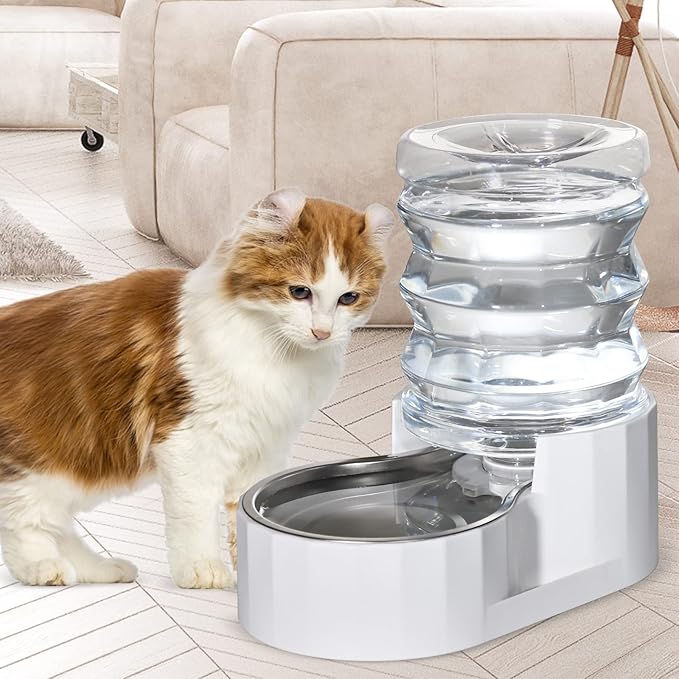 RIZZARI Dog Water Bowl Dispenser: 5L Large Stainless Steel Gravity Feeder - Leak-Proof - Detachable Bowl & Filter Instruction - Easy to Use for Busy Multi-Pet Owners with Small Puppies & Kittens