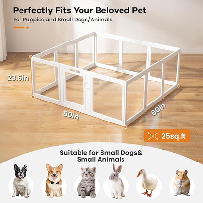 Clear Acrylic Dog Playpen Indoor, Puppy Cat Small Pet Play Pen, Pet Cat Playpen for Rabbits, Dog Fence Crate Kennel Whelping Cage (White, 12 Panel)