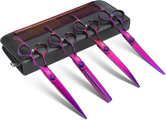 JASON Dog Grooming Scissors Set - Professional 6 in 1 Dog Shears Kit - 6.5" Thinning, 7" Straight, 7" Up-Curved, 7" Down-curved Scissors and Comb for Cat Pet with Adjustable Screw (Purple) Gift