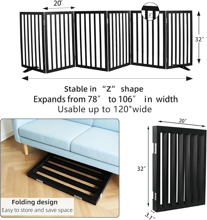 Dog Gate Indoor, Freestanding Dog Fence for The House, Doorways, Hallways,or Stairs,Pet Gate Foldable Wooden,Expandable 32" Height 6 Panels,Black
