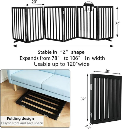 Dog Gate Indoor, Freestanding Dog Fence for The House, Doorways, Hallways,or Stairs,Pet Gate Foldable Wooden,Expandable 32" Height 6 Panels,Black