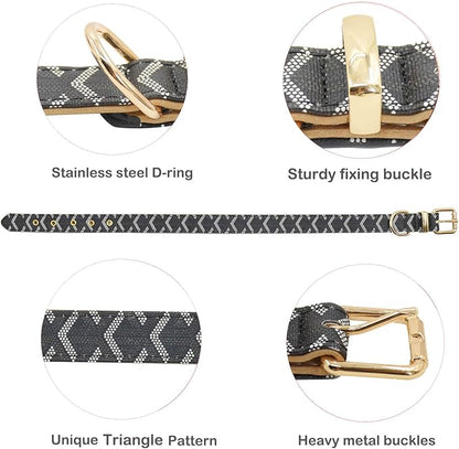 Leather Dog Collar and Leash Set, Check Pattern Dog Collar Leashes Metal Buckle Adjustable Durable for Small Medium Large Dogs (Black, S(11.4-13.4IN))