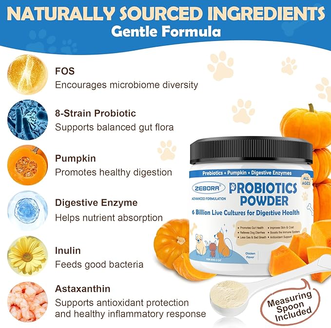 6 Billion CFUs Dog Probiotics Powder with Pumpkin, Prebiotics & Digestive Enzymes for Digestive, Gut & Immune Health, Chicken Flavor, 70 Scoops