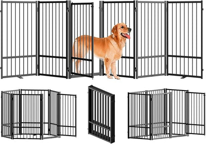 SNUOWU Full Metal Freestanding Dog Gate with Door, 32''Height Foldable Pet Dog Fence for Indoor & Outdoor, 6 Panels Extra Wide Free Standing TallDog Gates for Doorways,House,Stairs,Porch,Deck,Yard