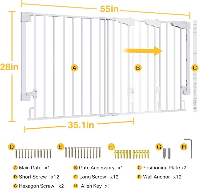 Cumbor 35.1-55" Wide No Bottom Bar Baby Gate for Stairs, 2-in-1 Auto Close Dog Gate Indoor, Hardware Mounted Pet Gate for Doorways with Large Walk Thru Door, Child-Proof Safety Gate for Kids (White)