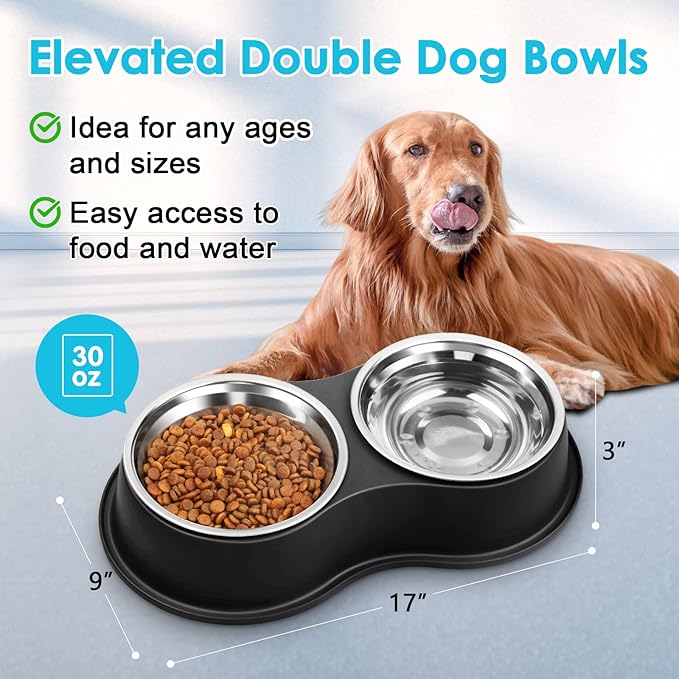 Epetslove Dog Bowls Large Double Dog Water and Food Bowls Stainless Steel Bowls with Non-Slip Resin Station, Pet Feeder Bowls Food Dish for Small Medium Large Dogs Cats