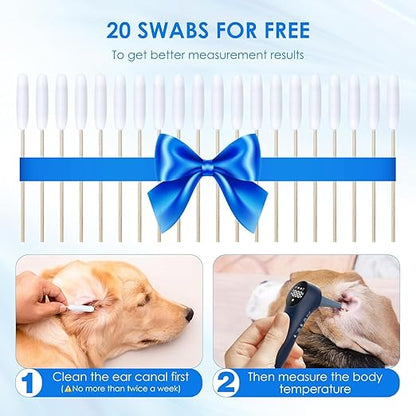 Pet Ear Thermometer for Dogs, Cats, and Livestock, Long Probe Designed, ℃/ ℉ Convert and Sound Switch Dedicated Button, 1 Second Measurement, 20 pcs Pet Swabs Included(Blue)