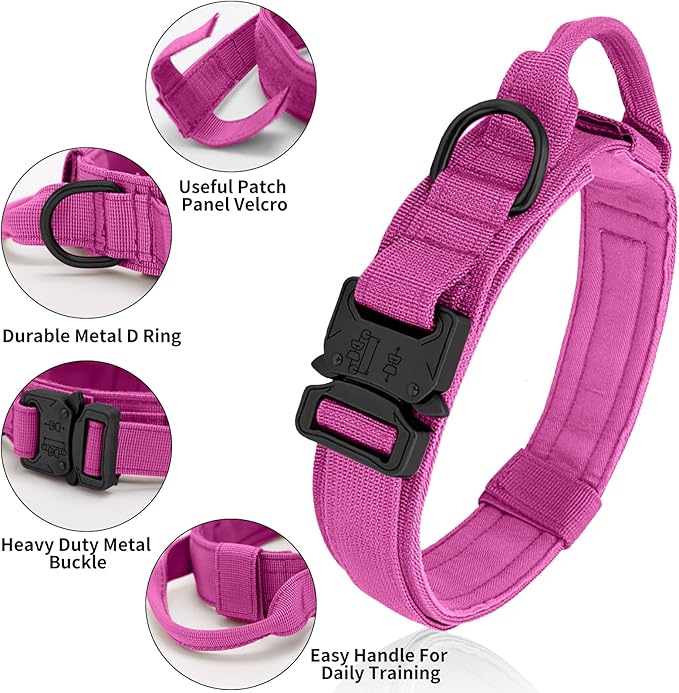 Tactical Military Dog Collar - Adjustable Heavy Duty Metal Buckle Nylon Collar with Control Handle for Small to Large Dogs (Pink, XL)