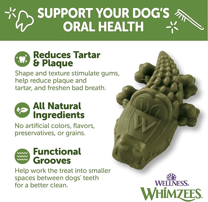 Whimzees Wellness Alligator Dog Dental Treat, Chews, Freshens Breath, Medium Size, 12.7 oz Bag, 12 Count