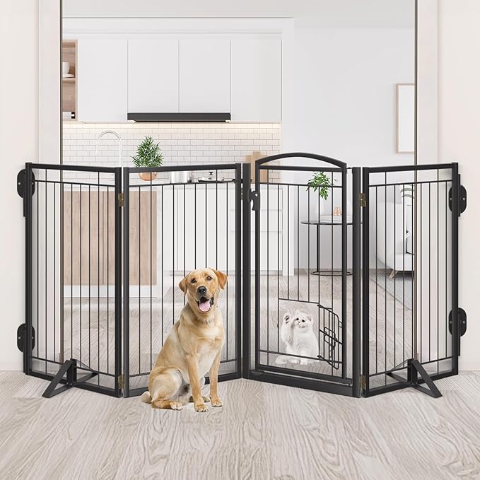 Metal Freestanding Dog Gate with Cat Door for Indoor&Outdoor,120" Extra Wide Foldable Pet Gate,36" Tall Foldable Indoor Dog Fence for Wide Openings Stairs,Deck,Yard,Doorways(6 Panels,Black)