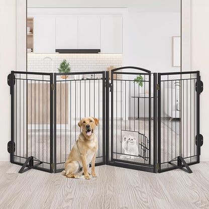 Metal Freestanding Dog Gate with Cat Door for Indoor&Outdoor,120" Extra Wide Foldable Pet Gate,36" Tall Foldable Indoor Dog Fence for Wide Openings Stairs,Deck,Yard,Doorways(6 Panels,Black)