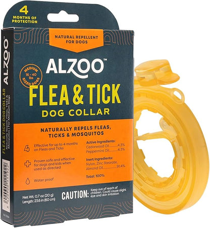 ALZOO Plant Based Flea & Tick Dog Collar - Helps Repel Fleas, Ticks & Mosquitoes - 100% Plant-Based Active Ingredients - Waterproof - Up to 4 Months Protection - Medium-Sized Dogs: 16-40 lbs - Single