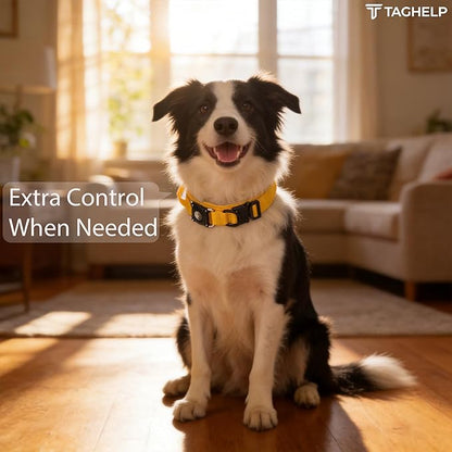 QR Code & AirTag Tactical Dog Collar - Military Grade Adjustable Reflective Collar with Control Handle, for Large Medium Dogs, Durable Nylon Metal Buckle (Yellow-L)