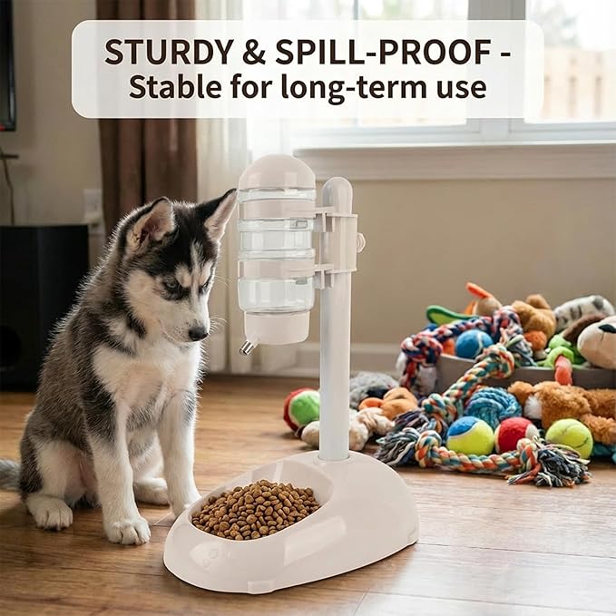 Denash Pet Standing Water Dispenser Feeder, 500ml Dog Water Feeder Bottle Adjustable Raised Pet Food Bowl for Dogs Detachable Bottles Easy Cleaning (Beige)