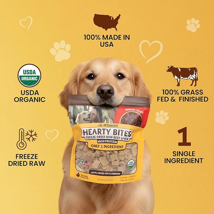 Petsmont Hearty Bites - Organic Freeze-Dried Beef Liver Dog Treats Single Ingredient All Natural, Preservative Free, No Filler Beef Treat for Dogs High Protein Dog Snacks Made in the USA - 8oz