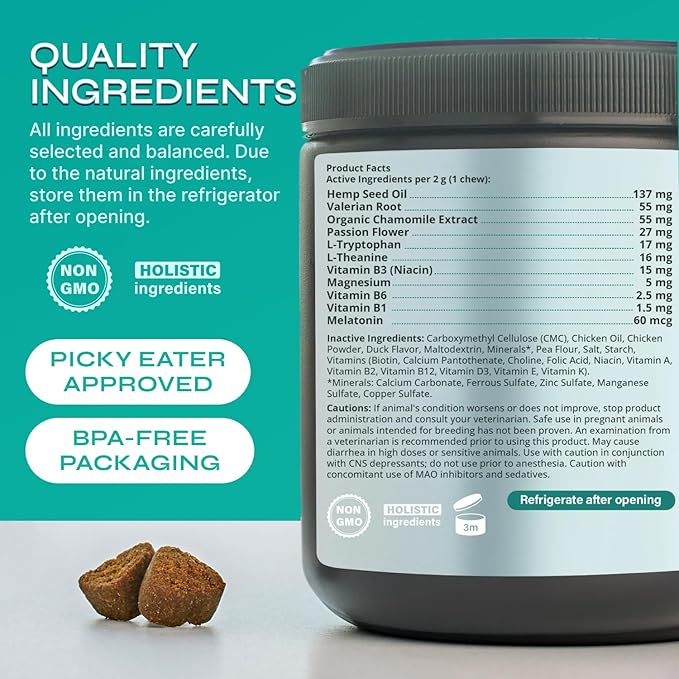 Hemp Calming Chews for Dogs - Advanced Dog Calming Chews with Organic Chamomile - Separation Aid, Barking, Stress Relief, Thunderstorms, Vet Visits - Melatonin, Hemp Oil, Vitamins - 130 Soft Treats