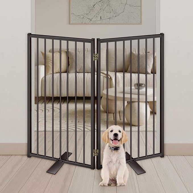 Metal Freestanding Dog Gates with Door for Outdoor Indoor,40'' Extra Wide 36'' Tall Free Standing Dog Gate for Doorways,Large Openings,Deck,Yard,Porch,Foldable Safety Pet Fence(Black,2 Panels)