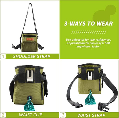Dog Treat Training Pouch Easily Carries Pet Toys Kibble, Treats Built-in Poop Bag Dispenser 3 Ways to Wear Comes with a Foldable Silicone Bowl(Army Green)