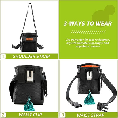 Dog Treat Training Pouch Easily Carries Pet Toys Kibble, Treats Built-in Poop Bag Dispenser 3 Ways to Wear Comes with a Foldable Silicone Bowl (Black)