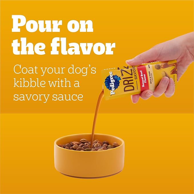 Pedigree Drizzlers for Dogs, Wet Dog Food Gravy Savory Sauce, Natural Beef Flavor, 60g Dual-Serving Pouch (22 Count, 44 Servings Total)