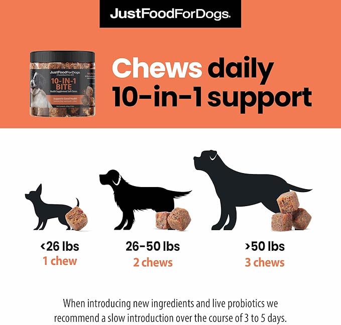 JustFoodForDogs 10-in-1 Supplement for Dogs, Human Grade Dog Supplements, Multivitamin Soft Chews, Immune, Skin and Joint Support, Omega 3 Oil, Superfood Blend, Plant Based Dog Vitamins - 45 Count