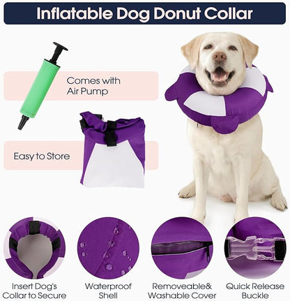 IECOii Inflatable Dog Donut Collar for Small to Medium Dogs, Soft Cone for Dogs After Surgery to Stop Licking, Dog Neck Cone for Pet Wound Care & Spay & Neuter, Hair-Resistant/Easy Care, Purple, M