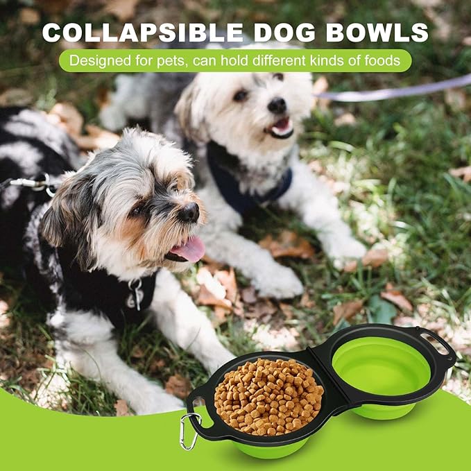 Collapsible Silicone Cat and Dog Travel Bowls,2 in 1 Foldable Pet Feeding and Watering Dish for Walking Camping Hiking with Carabiner (Green)