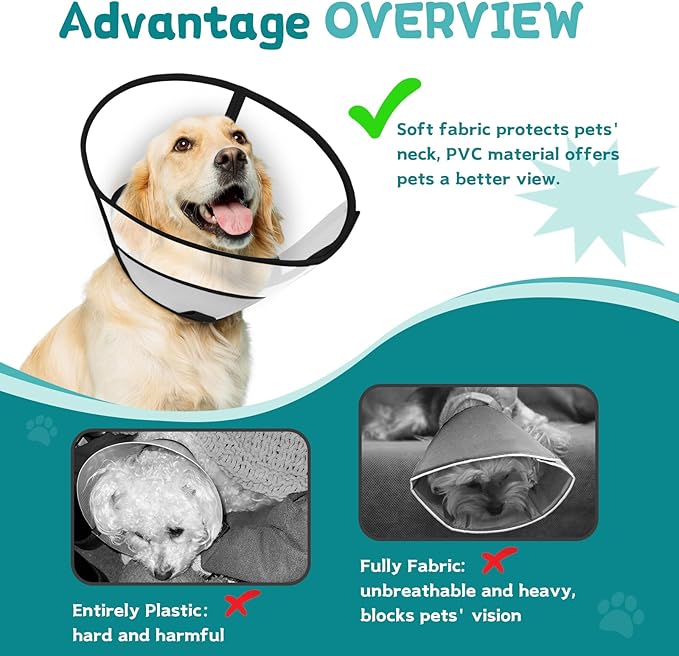 Dog Cone Collar After Surgery to Stop Licking, with Soft Waterproof Liner, Transparent PVC, for Large Medium Dogs, Elizabeth Neck Recovery Collar ALtermative(XL,Grey)