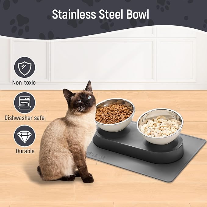 Marchul Stainless Steel Elevated Dog Food Bowls Set with Spill Proof Dish Mat, Raised Tilted Cat Bowl for Healthy Digestion, 1-Second Detachable & Dishwasher Safe
