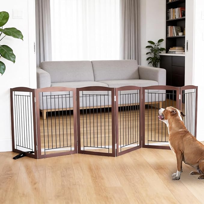 ZJSF Freestanding Dog Fence Indoor, Foldable Dog Gate for Doorways, Stairs or Hallways, Sturdy Wood Extra Wide Pet Gate with Support Feet for The House, Brown, 32 "Height-6 Panels
