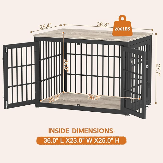 rehomerance 38 Inch Heavy Duty Dog Crate Furniture for Large and Medium Dogs, Decorative Pet House End Table, Wooden Cage Kennel Furniture Indoor, Grey