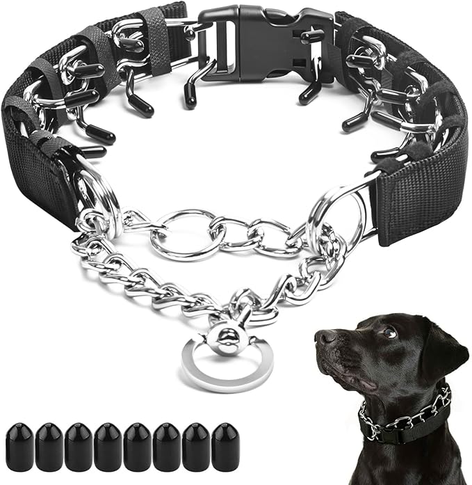Prong Collar for Medium Dogs with Nylon Cover, Dog Pinch Collar,Dog Training Collar,High Strength Quick Release Buckle,Comfort Rubber Tips (Black，3.0mm, 20-Inch)