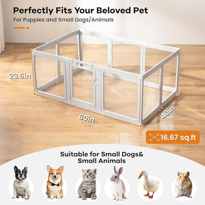 Clear Acrylic Dog Playpen Indoor, Puppy Cat Small Pet Play Pen, Pet Cat Playpen for Rabbits, Dog Fence Crate Kennel Whelping Cage (Grey, 10 Panel)
