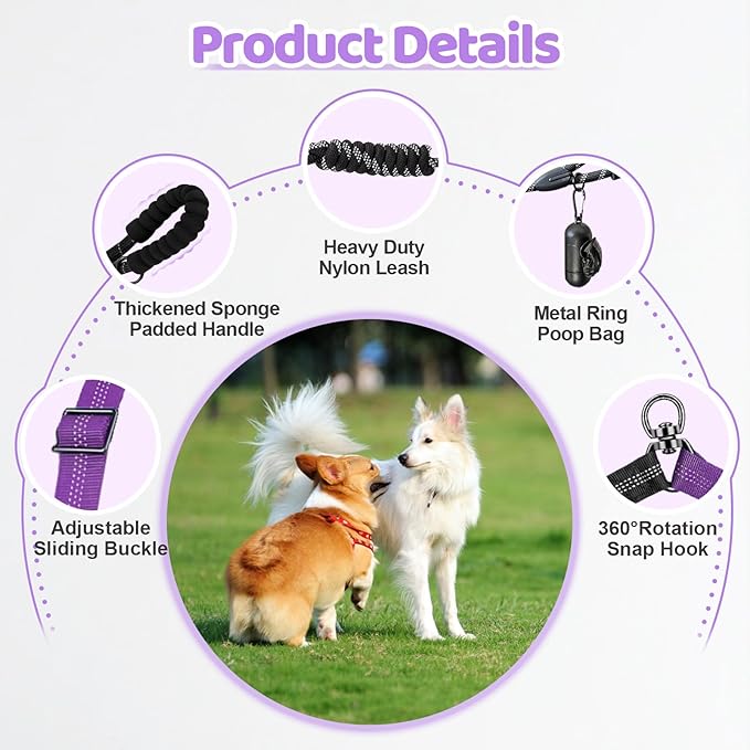 Double Dog Leash - 360°Swivel Tangle Free Splitter Attachment, 1 Rope with Handle, 2 Dogs Multi-Functional Leash, for Outdoor Walk Train Small Medium Large Two Pet, Purple