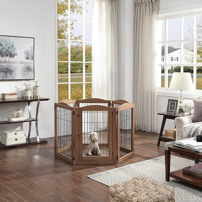 unipaws Pet Playpen with Wood and Wire, 6 Panels Extra Wide Freestanding Walk Through Dog Gate with 4 Support Feet, Foldable Stairs Barrier Pet Exercise Pen for Dogs Cats
