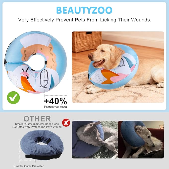 BEAUTYZOO Inflatable Dog Cone Collar Alternative After Surgery, Soft Donut Recovery E-Collar for Large & XL Dogs Girls Boys, Adjustable Pet Neck Cone to Stop Licking Wounds, Light Blue XL