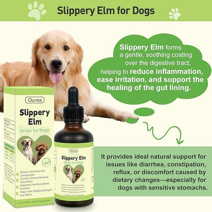 Slippery Elm for Dogs, Organic Herbal Digestive Support Drops for Dog Diarrhea Constipation Sensitive Stomach Acid Reflux, Promotes Healthy Digestion Bowel Function, Liquid Formula for All Breeds