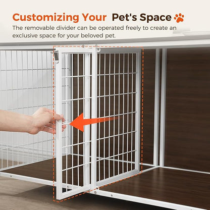 MAHANCRIS Dog Crate Furniture for 2 Dogs, 43.3" Dog Kennel with Removable Divider, Heavy Sturdy Dog Furniture Style Double Cage for Small Medium Dogs, Indoor Pet House End Table, White and Walnut